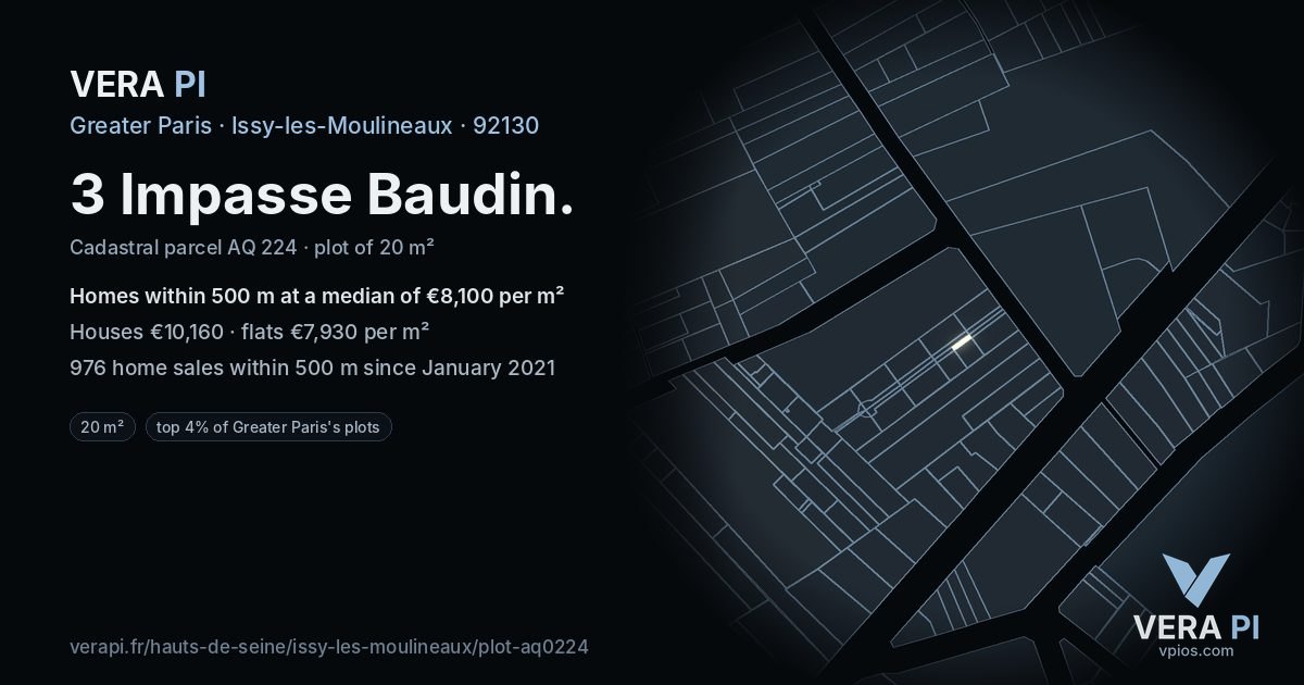 3 Impasse Baudin, Issy-les-Moulineaux at night – the plot lit, the parcels around coloured by the prices near them