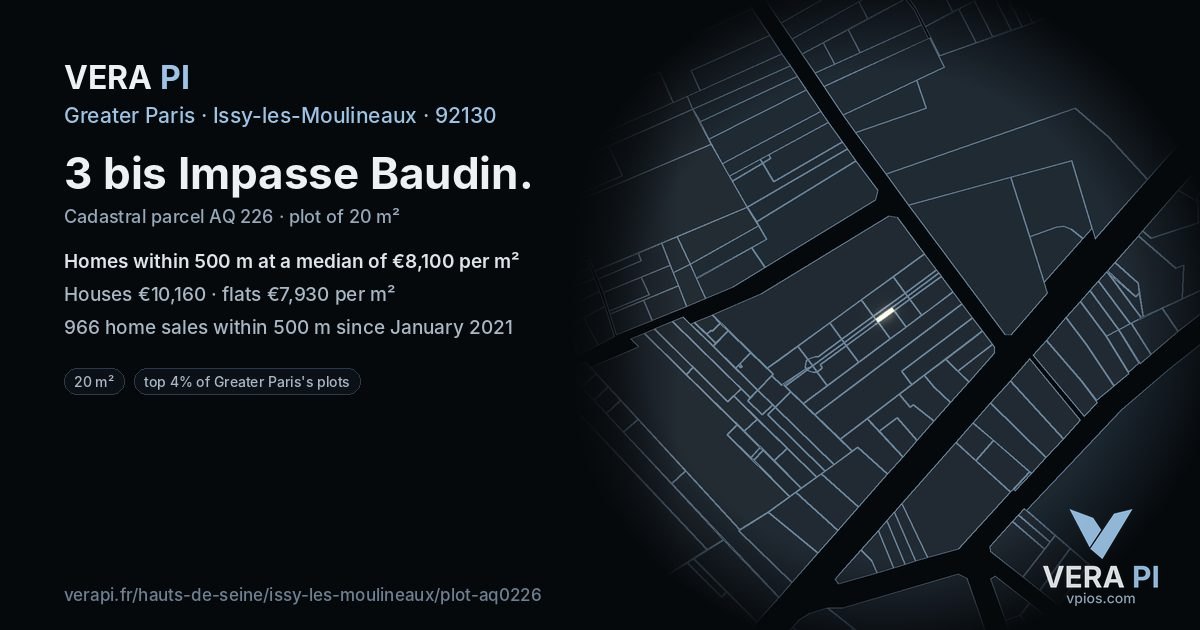 3 bis Impasse Baudin, Issy-les-Moulineaux at night – the plot lit, the parcels around coloured by the prices near them