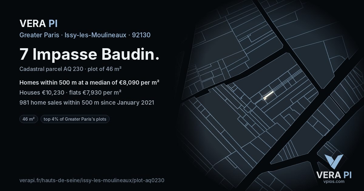 7 Impasse Baudin, Issy-les-Moulineaux at night – the plot lit, the parcels around coloured by the prices near them