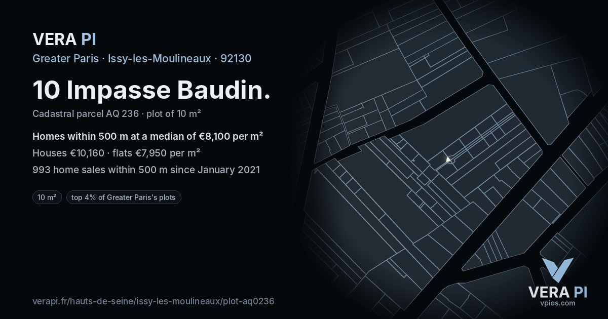 10 Impasse Baudin, Issy-les-Moulineaux at night – the plot lit, the parcels around coloured by the prices near them
