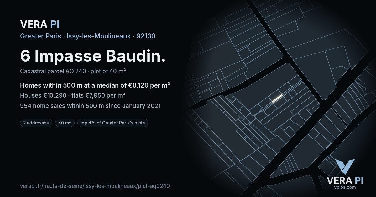 6 Impasse Baudin, Issy-les-Moulineaux at night – the plot lit, the parcels around coloured by the prices near them