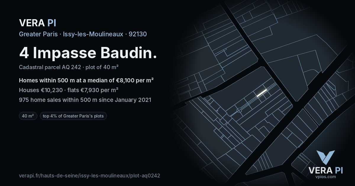 4 Impasse Baudin, Issy-les-Moulineaux at night – the plot lit, the parcels around coloured by the prices near them