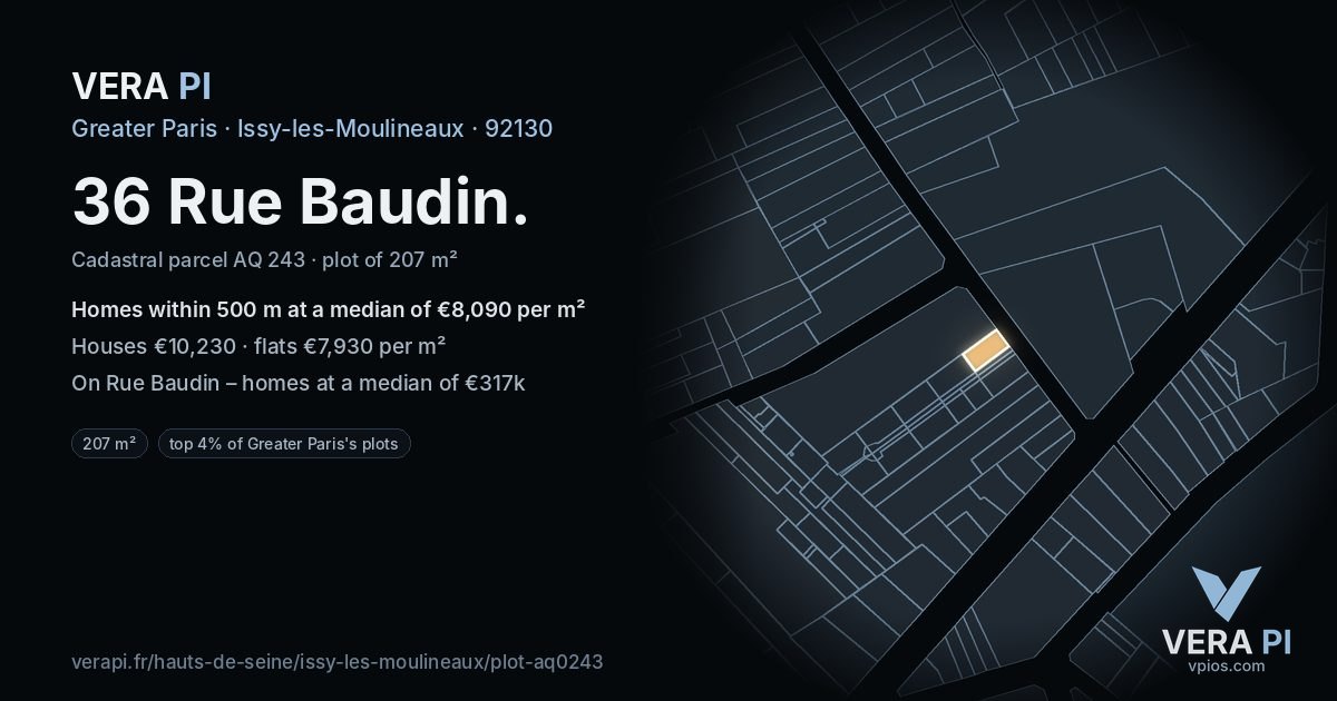 36 Rue Baudin, Issy-les-Moulineaux at night – the plot lit, the parcels around coloured by the prices near them