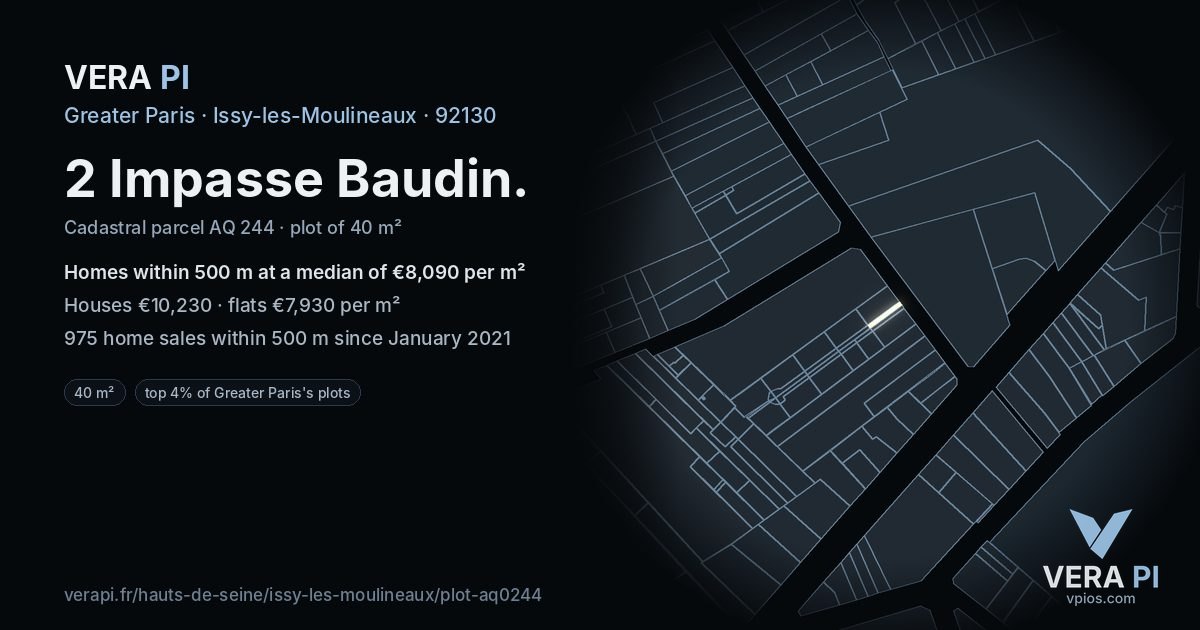 2 Impasse Baudin, Issy-les-Moulineaux at night – the plot lit, the parcels around coloured by the prices near them