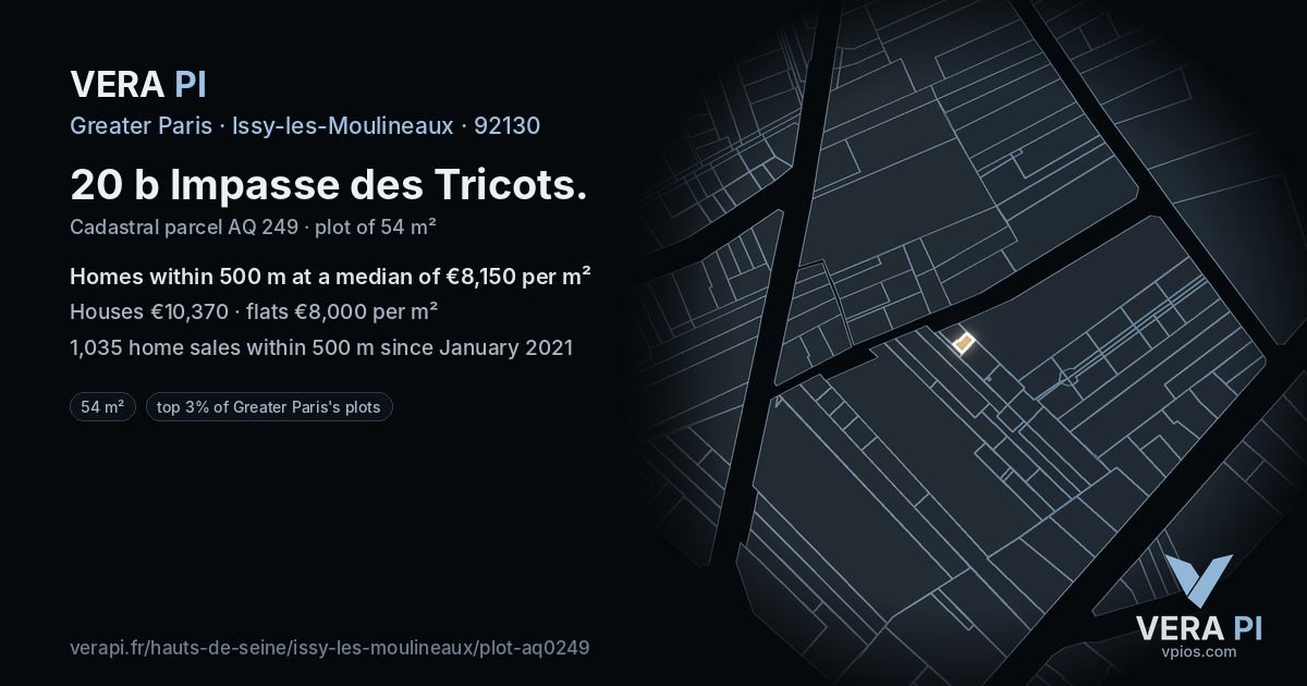 20 b Impasse des Tricots, Issy-les-Moulineaux at night – the plot lit, the parcels around coloured by the prices near them
