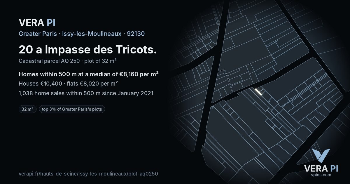 20 a Impasse des Tricots, Issy-les-Moulineaux at night – the plot lit, the parcels around coloured by the prices near them