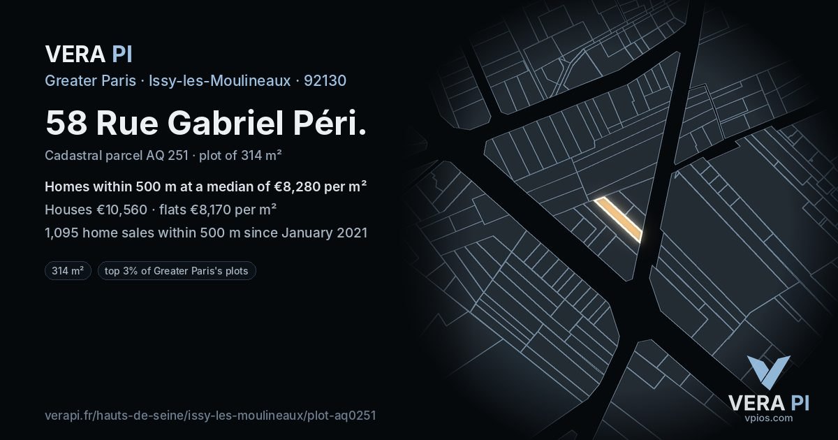 58 Rue Gabriel Péri, Issy-les-Moulineaux at night – the plot lit, the parcels around coloured by the prices near them