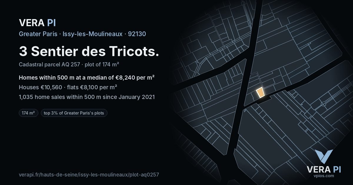 3 Sentier des Tricots, Issy-les-Moulineaux at night – the plot lit, the parcels around coloured by the prices near them