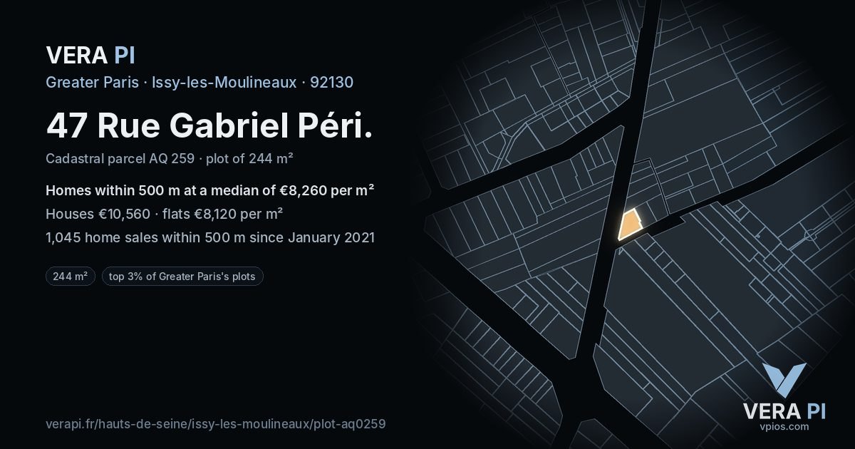 47 Rue Gabriel Péri, Issy-les-Moulineaux at night – the plot lit, the parcels around coloured by the prices near them