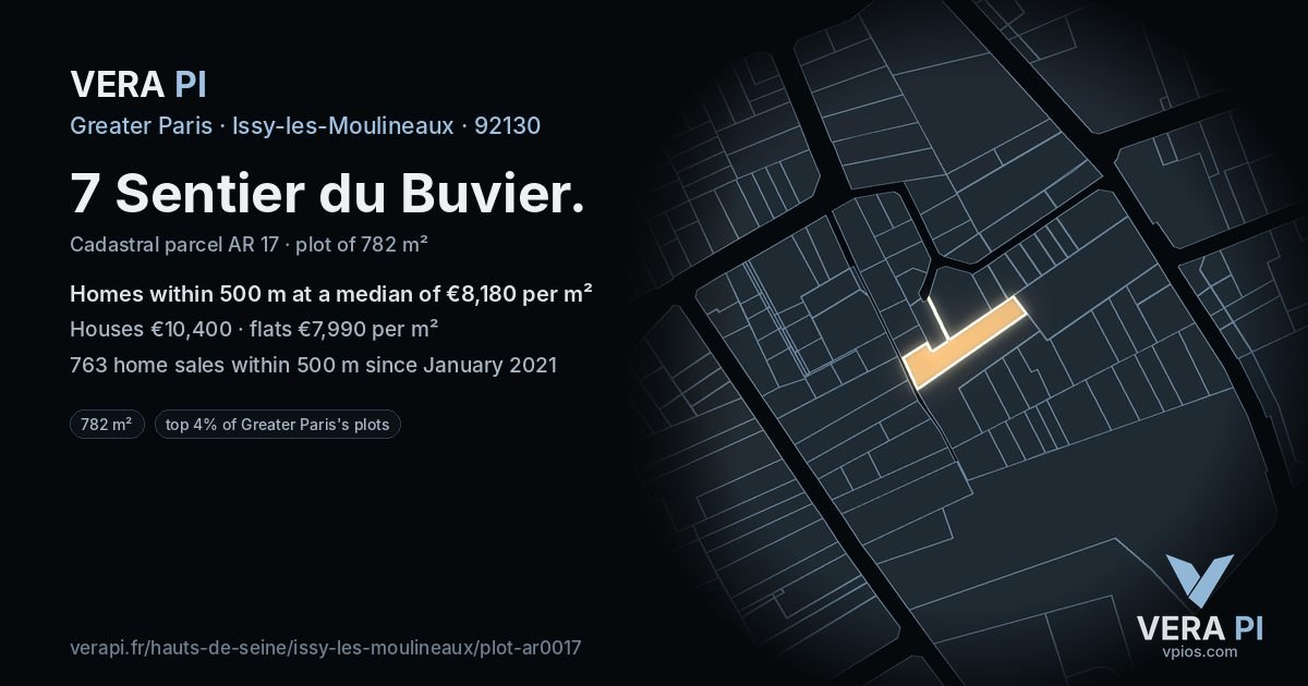 7 Sentier du Buvier, Issy-les-Moulineaux at night – the plot lit, the parcels around coloured by the prices near them