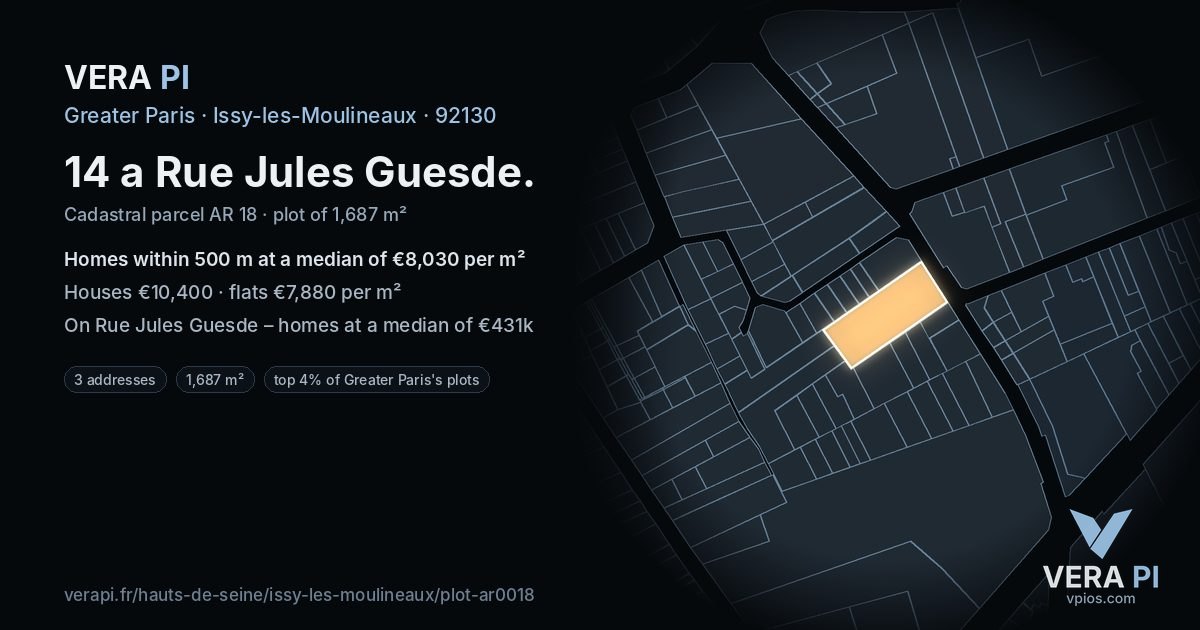 14 a Rue Jules Guesde, Issy-les-Moulineaux at night – the plot lit, the parcels around coloured by the prices near them