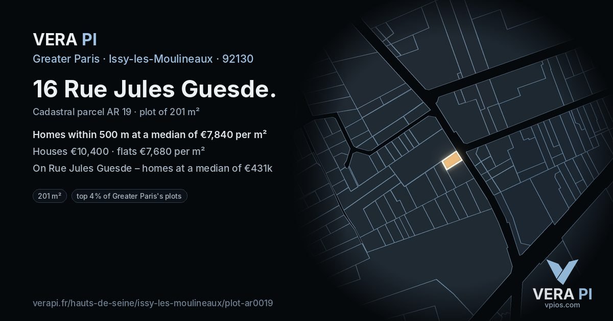 16 Rue Jules Guesde, Issy-les-Moulineaux at night – the plot lit, the parcels around coloured by the prices near them