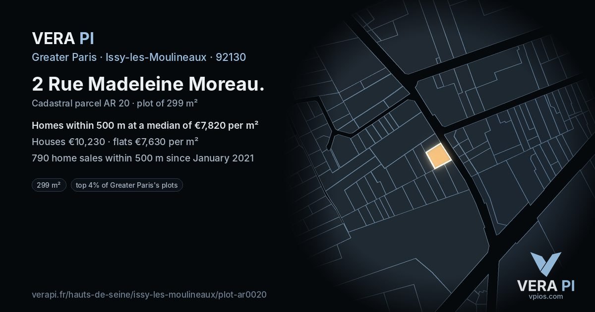 2 Rue Madeleine Moreau, Issy-les-Moulineaux at night – the plot lit, the parcels around coloured by the prices near them