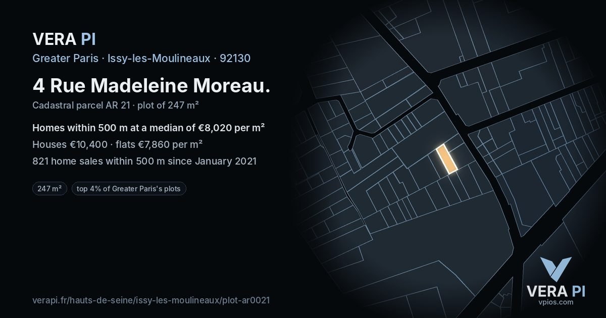 4 Rue Madeleine Moreau, Issy-les-Moulineaux at night – the plot lit, the parcels around coloured by the prices near them