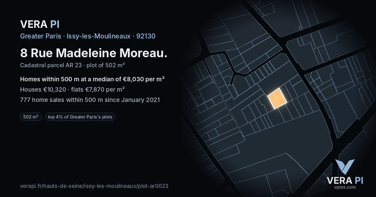 8 Rue Madeleine Moreau, Issy-les-Moulineaux at night – the plot lit, the parcels around coloured by the prices near them