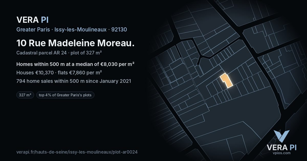 10 Rue Madeleine Moreau, Issy-les-Moulineaux at night – the plot lit, the parcels around coloured by the prices near them