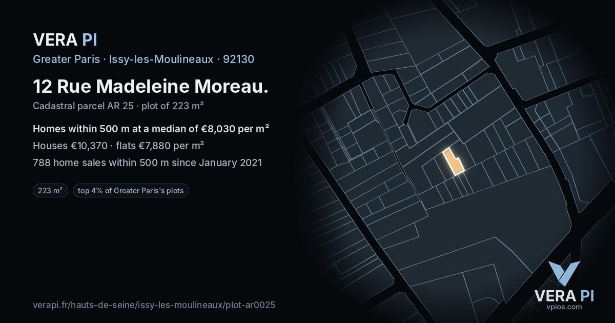 12 Rue Madeleine Moreau, Issy-les-Moulineaux at night – the plot lit, the parcels around coloured by the prices near them