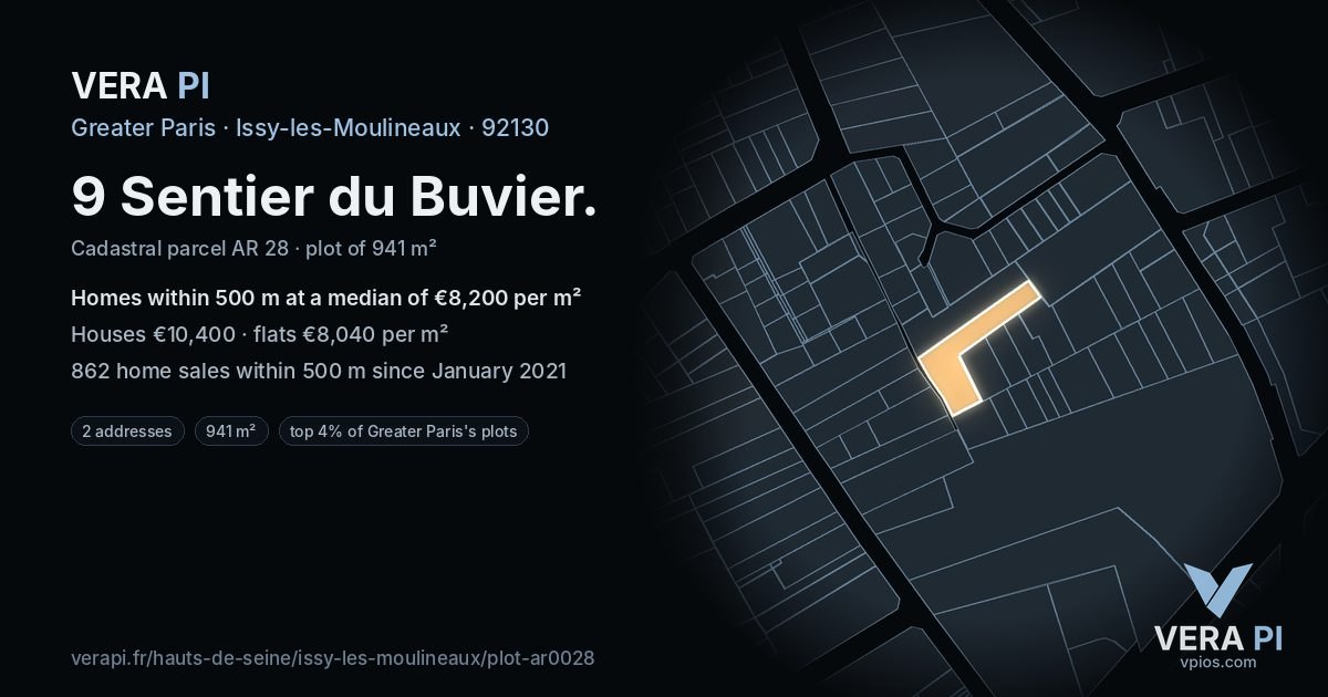 9 Sentier du Buvier, Issy-les-Moulineaux at night – the plot lit, the parcels around coloured by the prices near them