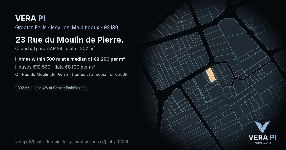 23 Rue du Moulin de Pierre, Issy-les-Moulineaux at night – the plot lit, the parcels around coloured by the prices near them