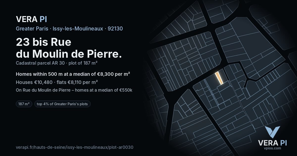 23 bis Rue du Moulin de Pierre, Issy-les-Moulineaux at night – the plot lit, the parcels around coloured by the prices near them