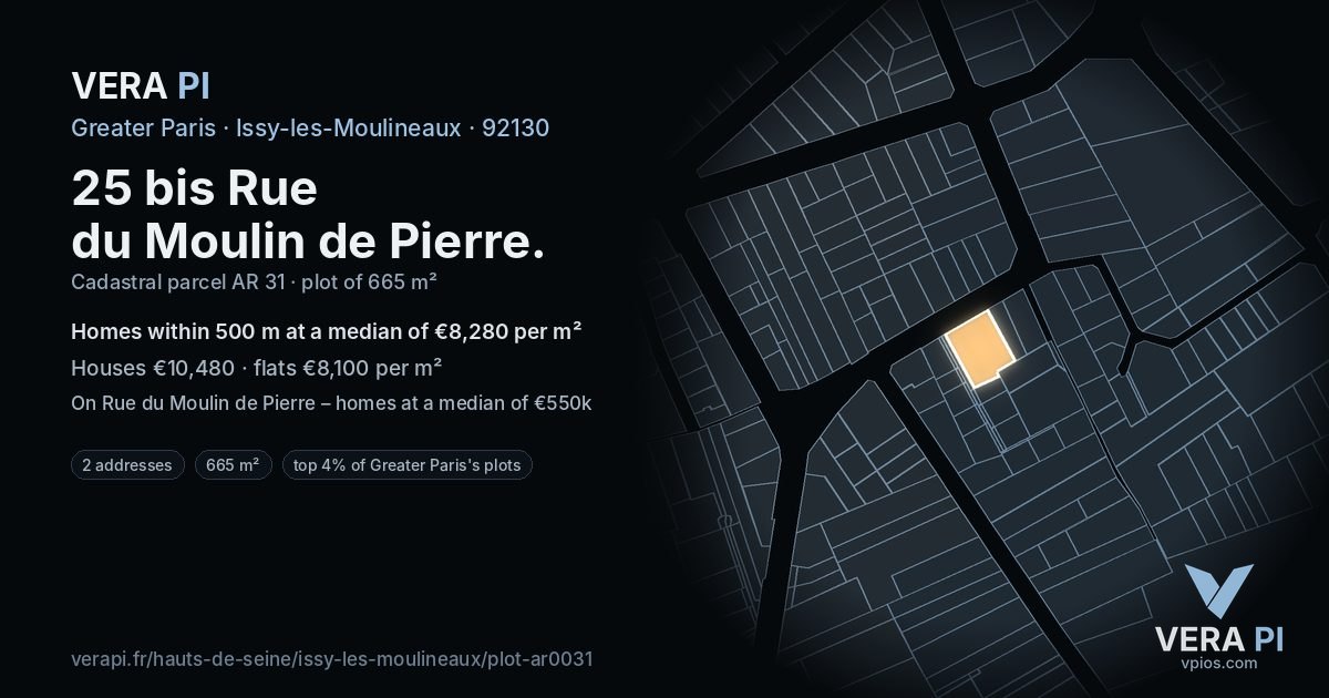 25 bis Rue du Moulin de Pierre, Issy-les-Moulineaux at night – the plot lit, the parcels around coloured by the prices near them