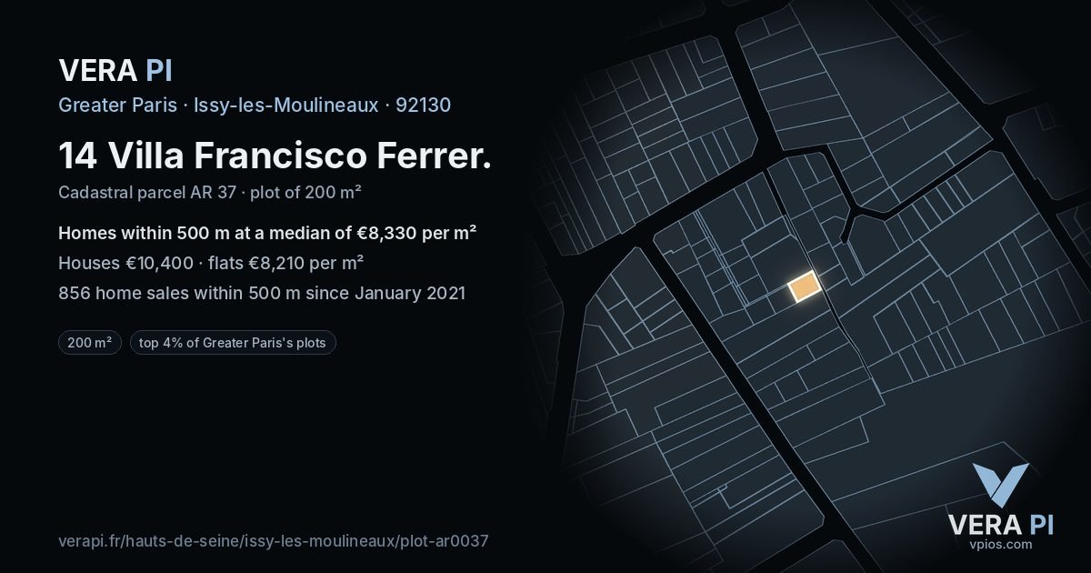 14 Villa Francisco Ferrer, Issy-les-Moulineaux at night – the plot lit, the parcels around coloured by the prices near them