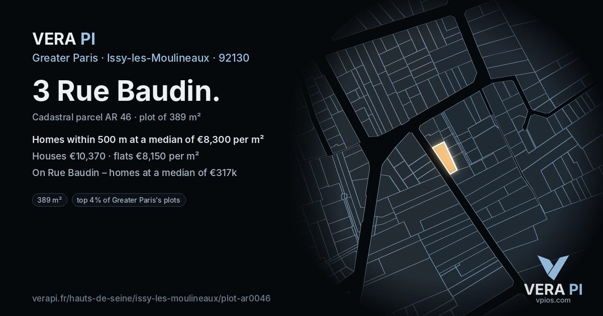 3 Rue Baudin, Issy-les-Moulineaux at night – the plot lit, the parcels around coloured by the prices near them