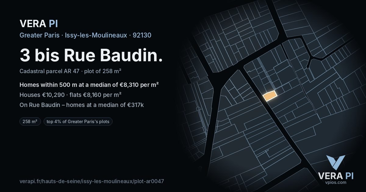 3 bis Rue Baudin, Issy-les-Moulineaux at night – the plot lit, the parcels around coloured by the prices near them