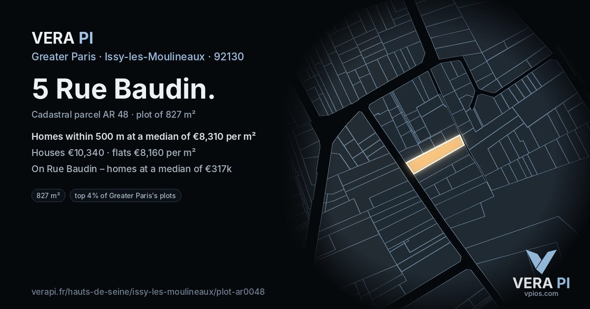 5 Rue Baudin, Issy-les-Moulineaux at night – the plot lit, the parcels around coloured by the prices near them
