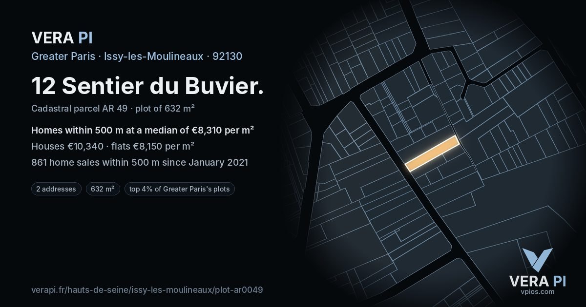 12 Sentier du Buvier, Issy-les-Moulineaux at night – the plot lit, the parcels around coloured by the prices near them
