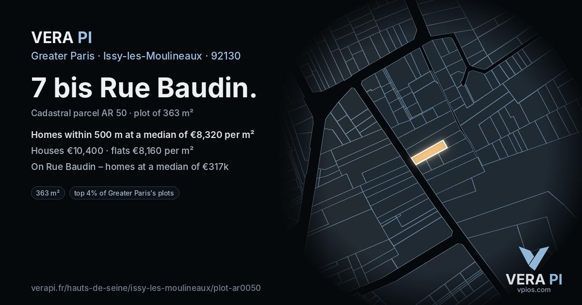 7 bis Rue Baudin, Issy-les-Moulineaux at night – the plot lit, the parcels around coloured by the prices near them