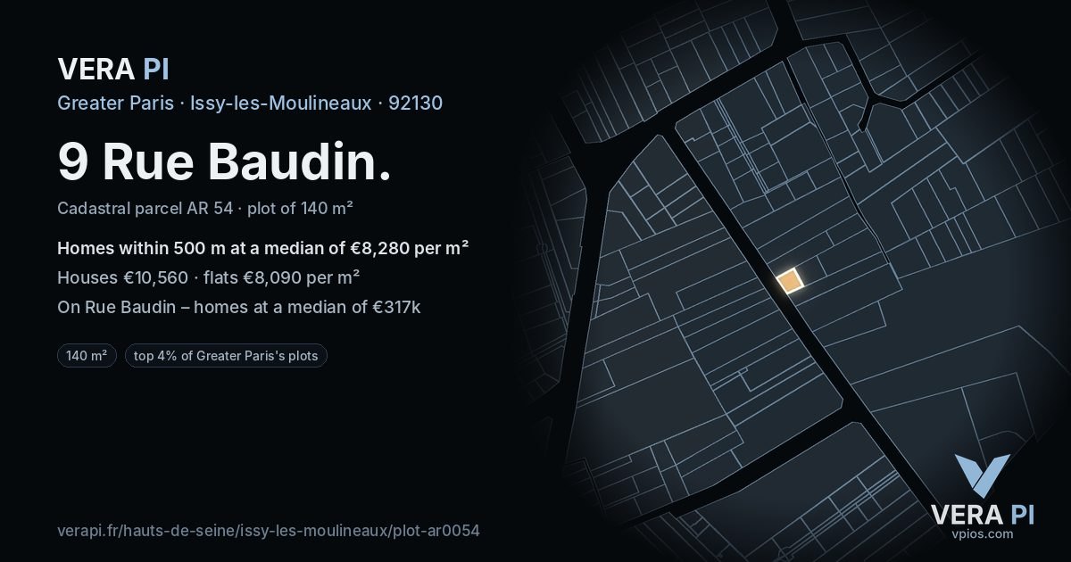 9 Rue Baudin, Issy-les-Moulineaux at night – the plot lit, the parcels around coloured by the prices near them