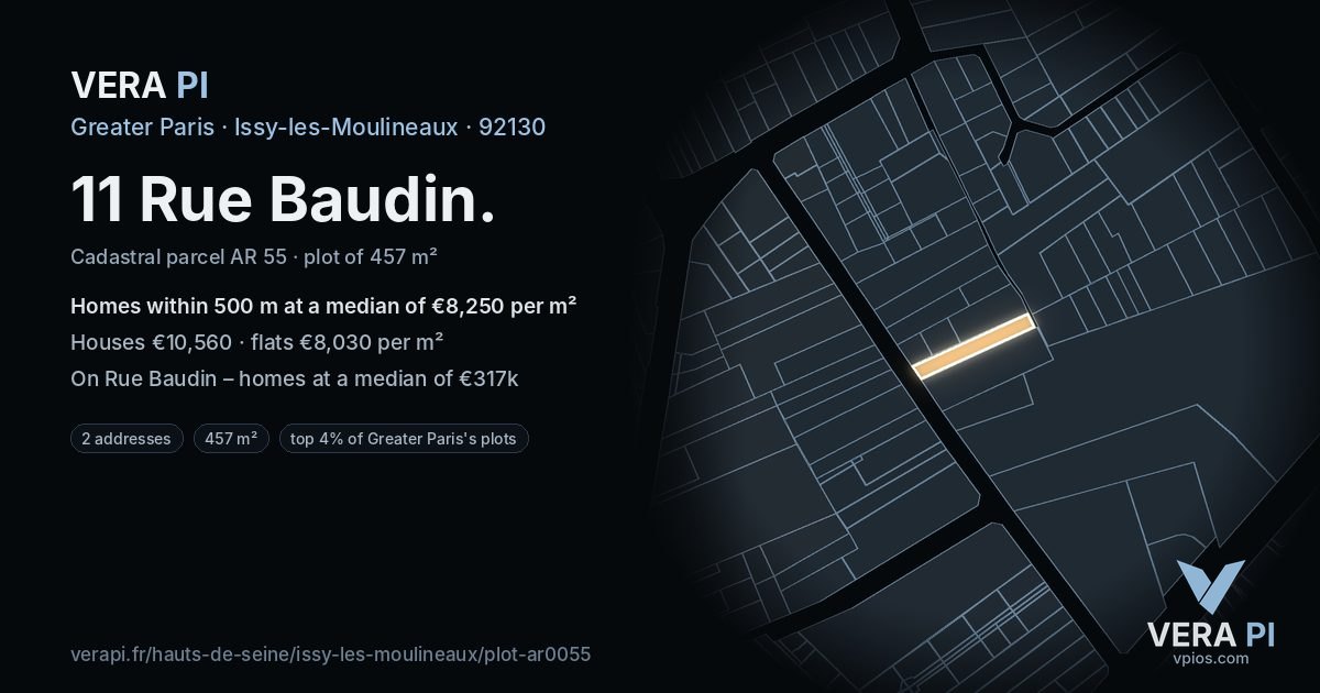 11 Rue Baudin, Issy-les-Moulineaux at night – the plot lit, the parcels around coloured by the prices near them