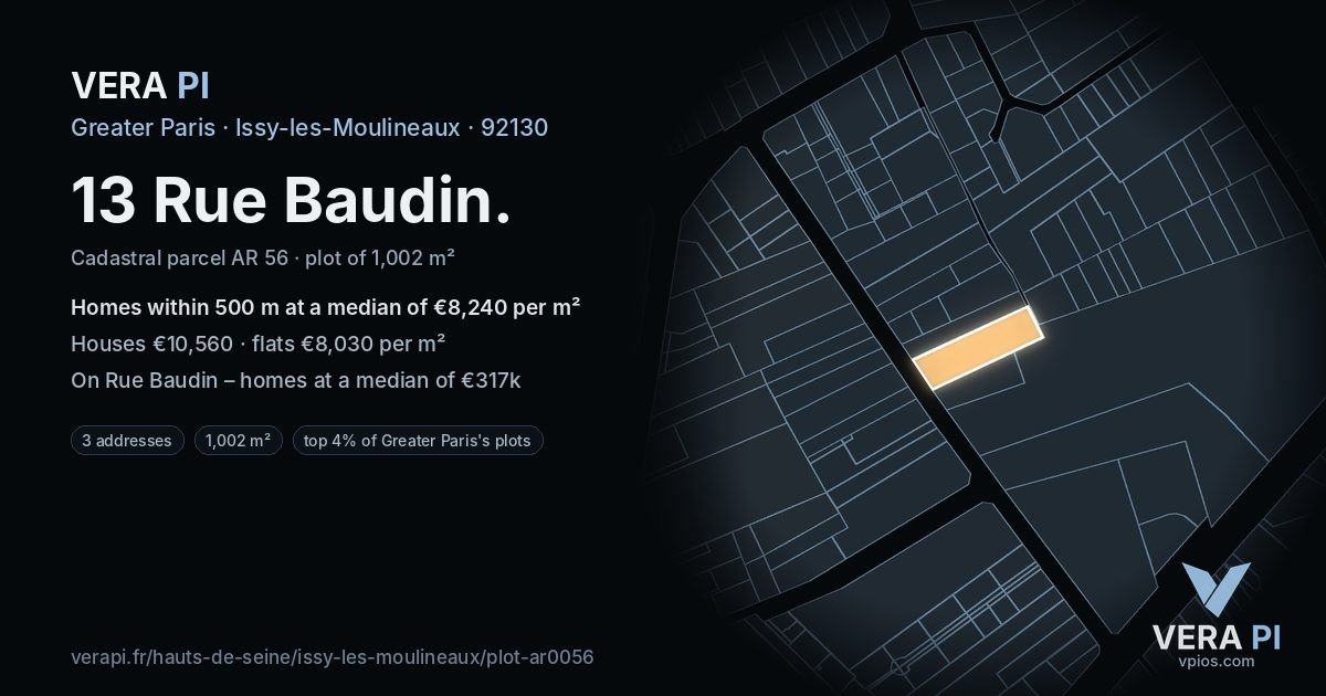 13 Rue Baudin, Issy-les-Moulineaux at night – the plot lit, the parcels around coloured by the prices near them