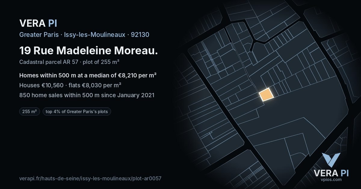 19 Rue Madeleine Moreau, Issy-les-Moulineaux at night – the plot lit, the parcels around coloured by the prices near them