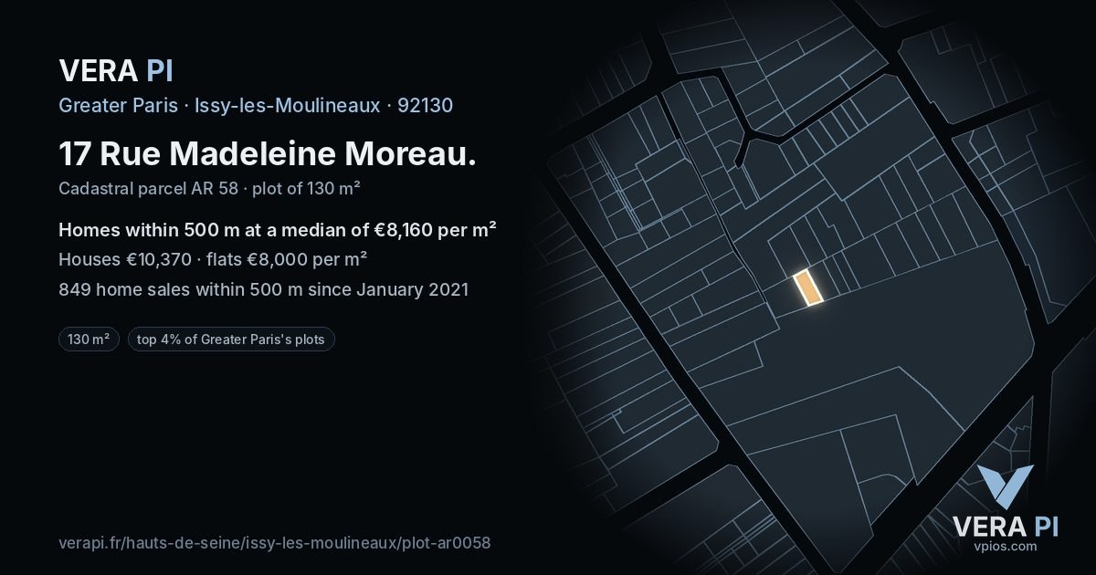 17 Rue Madeleine Moreau, Issy-les-Moulineaux at night – the plot lit, the parcels around coloured by the prices near them