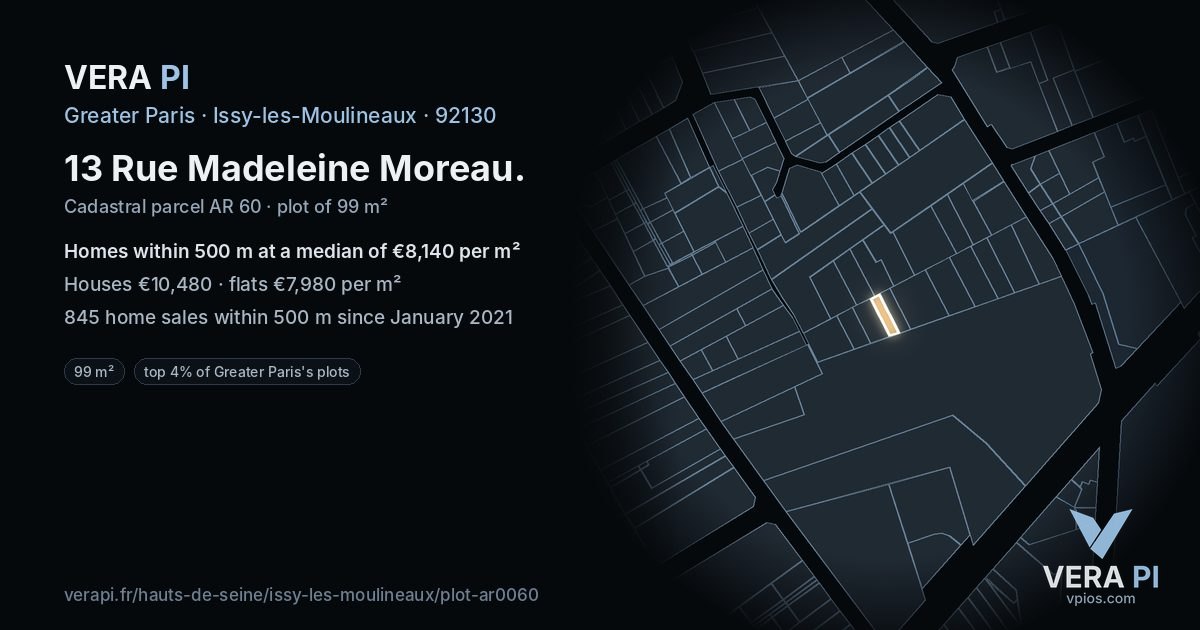 13 Rue Madeleine Moreau, Issy-les-Moulineaux at night – the plot lit, the parcels around coloured by the prices near them