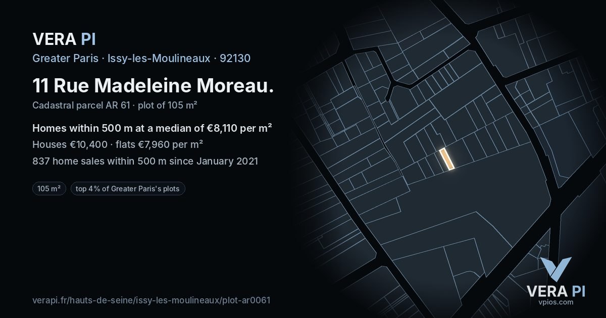 11 Rue Madeleine Moreau, Issy-les-Moulineaux at night – the plot lit, the parcels around coloured by the prices near them
