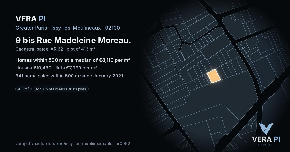 9 bis Rue Madeleine Moreau, Issy-les-Moulineaux at night – the plot lit, the parcels around coloured by the prices near them