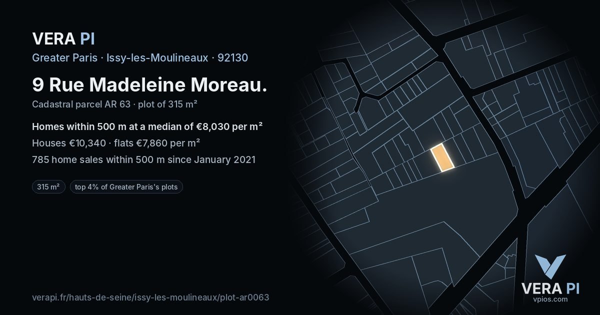 9 Rue Madeleine Moreau, Issy-les-Moulineaux at night – the plot lit, the parcels around coloured by the prices near them