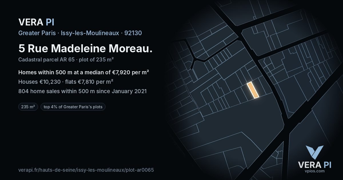 5 Rue Madeleine Moreau, Issy-les-Moulineaux at night – the plot lit, the parcels around coloured by the prices near them