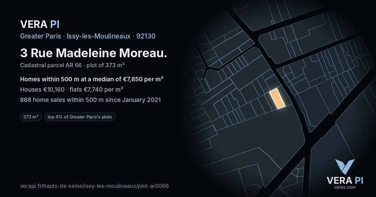 3 Rue Madeleine Moreau, Issy-les-Moulineaux at night – the plot lit, the parcels around coloured by the prices near them