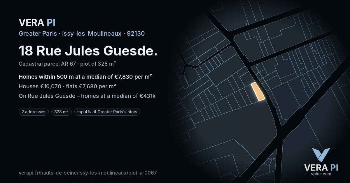 18 Rue Jules Guesde, Issy-les-Moulineaux at night – the plot lit, the parcels around coloured by the prices near them