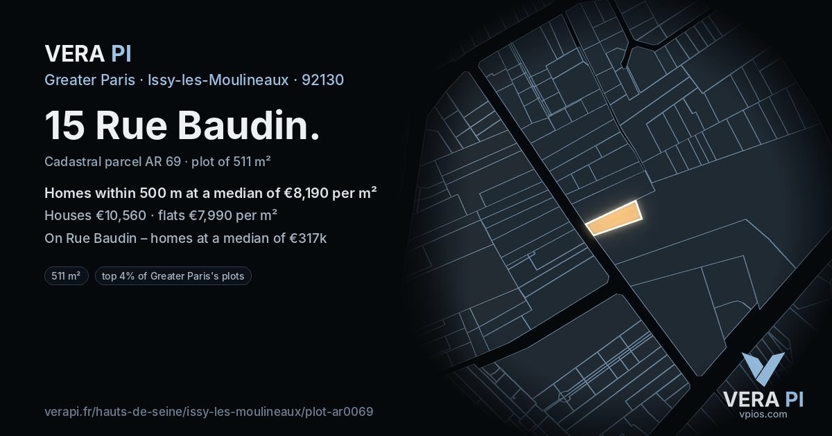 15 Rue Baudin, Issy-les-Moulineaux at night – the plot lit, the parcels around coloured by the prices near them