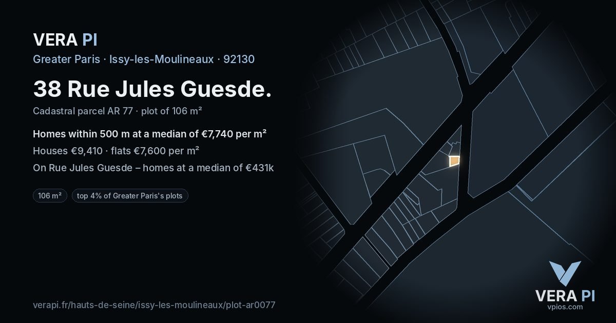38 Rue Jules Guesde, Issy-les-Moulineaux at night – the plot lit, the parcels around coloured by the prices near them