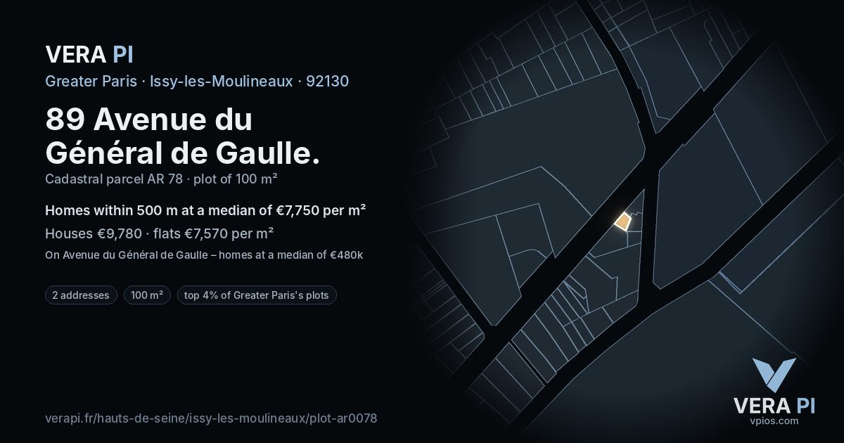 89 Avenue du Général de Gaulle, Issy-les-Moulineaux at night – the plot lit, the parcels around coloured by the prices near them