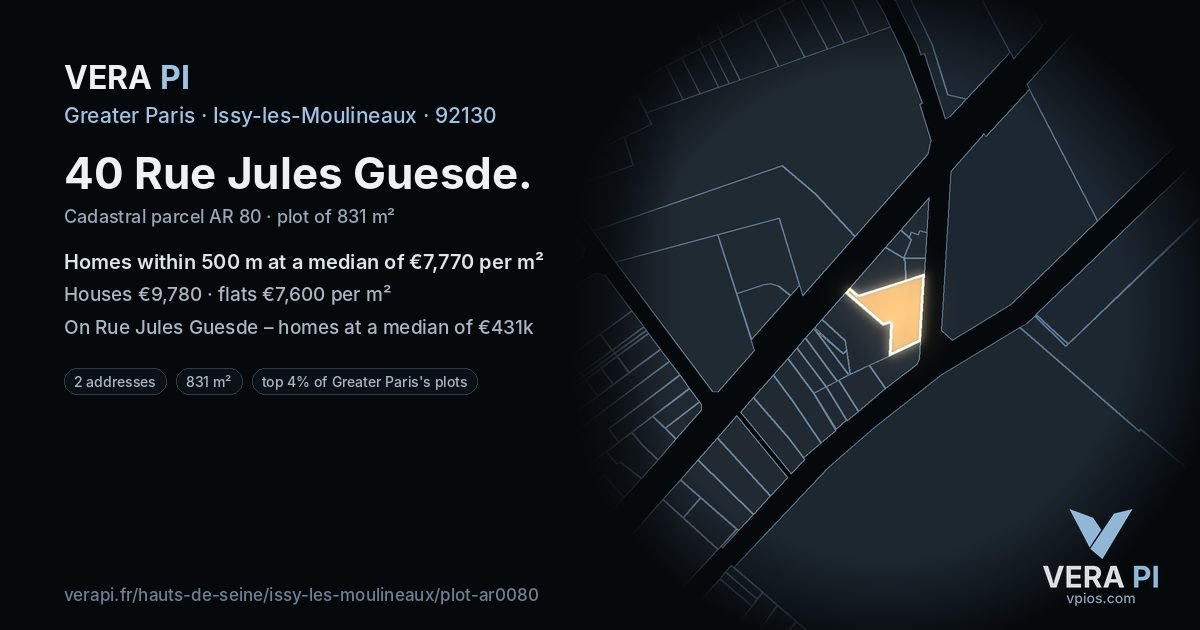 40 Rue Jules Guesde, Issy-les-Moulineaux at night – the plot lit, the parcels around coloured by the prices near them