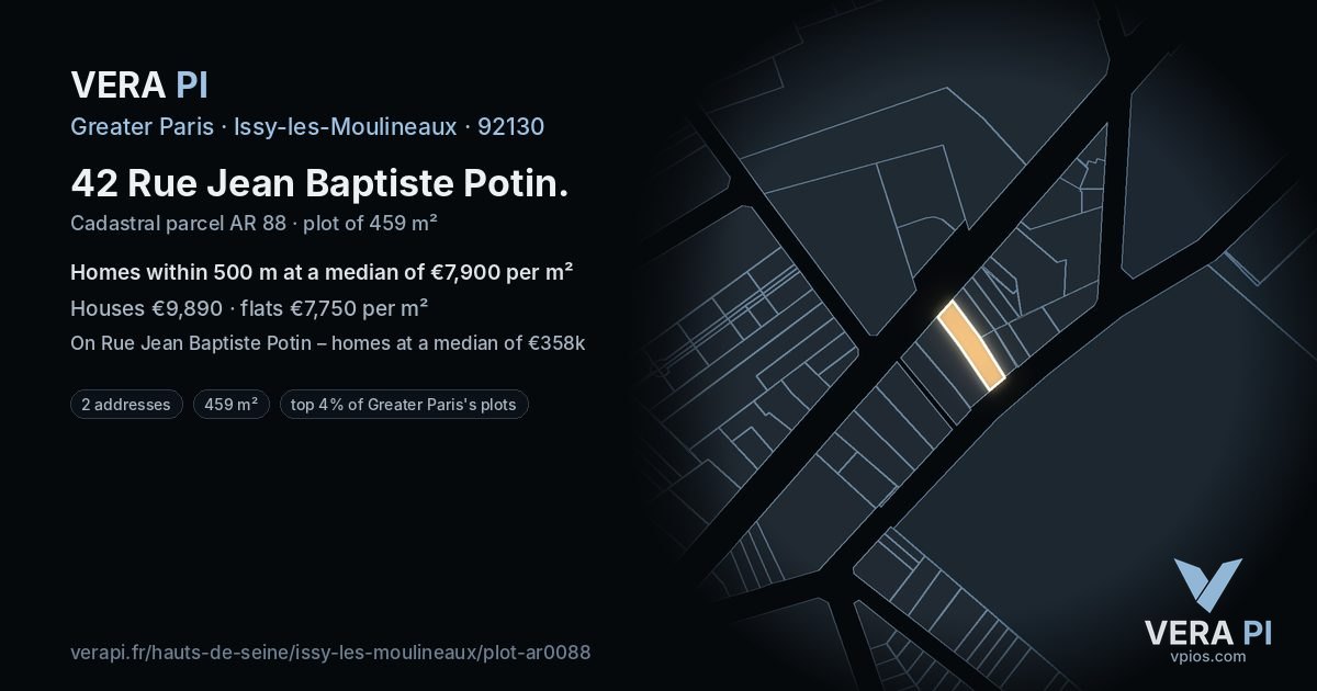 42 Rue Jean Baptiste Potin, Issy-les-Moulineaux at night – the plot lit, the parcels around coloured by the prices near them