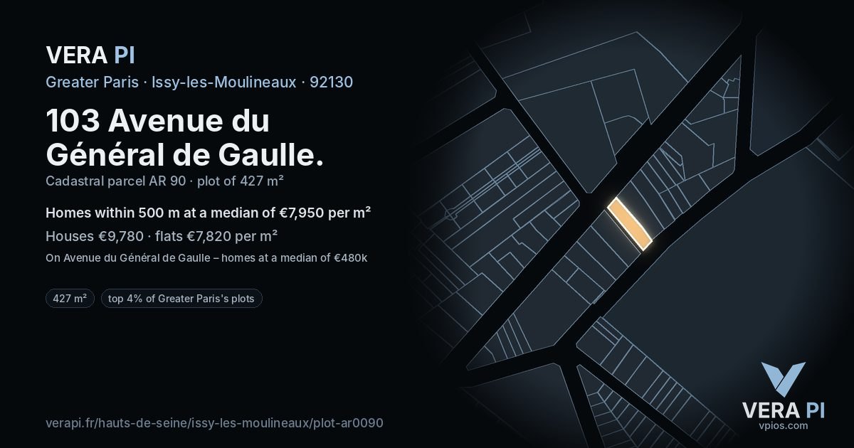 103 Avenue du Général de Gaulle, Issy-les-Moulineaux at night – the plot lit, the parcels around coloured by the prices near them