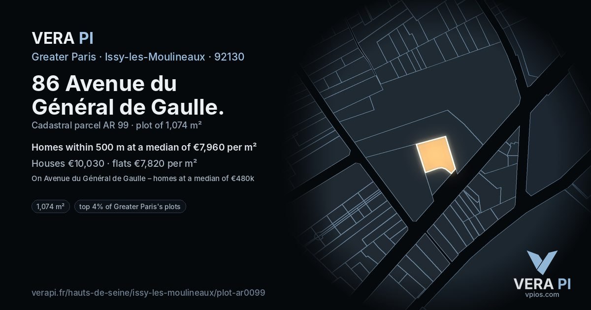86 Avenue du Général de Gaulle, Issy-les-Moulineaux at night – the plot lit, the parcels around coloured by the prices near them